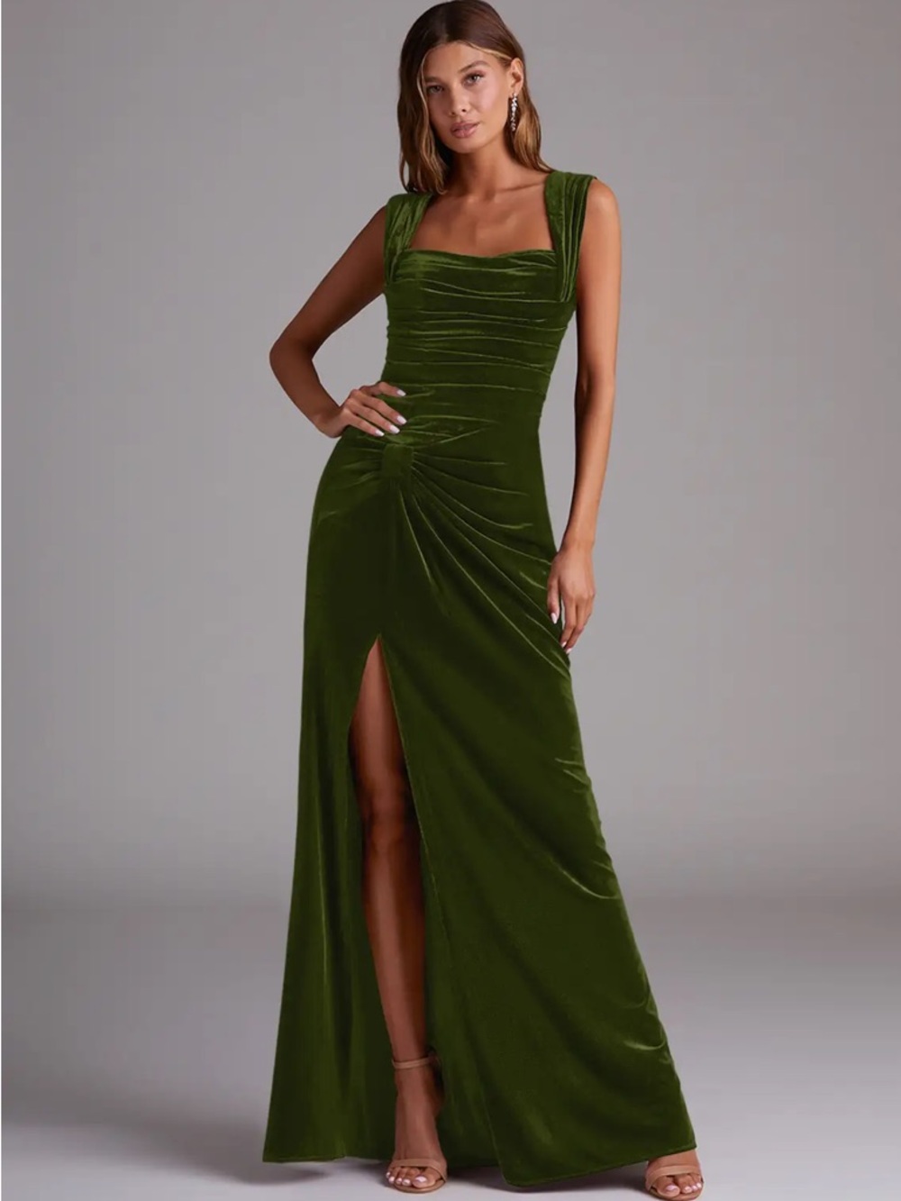 Azazie Genesis Olive Sheath Pleated Velvet Dress, - Picture 4 of 9